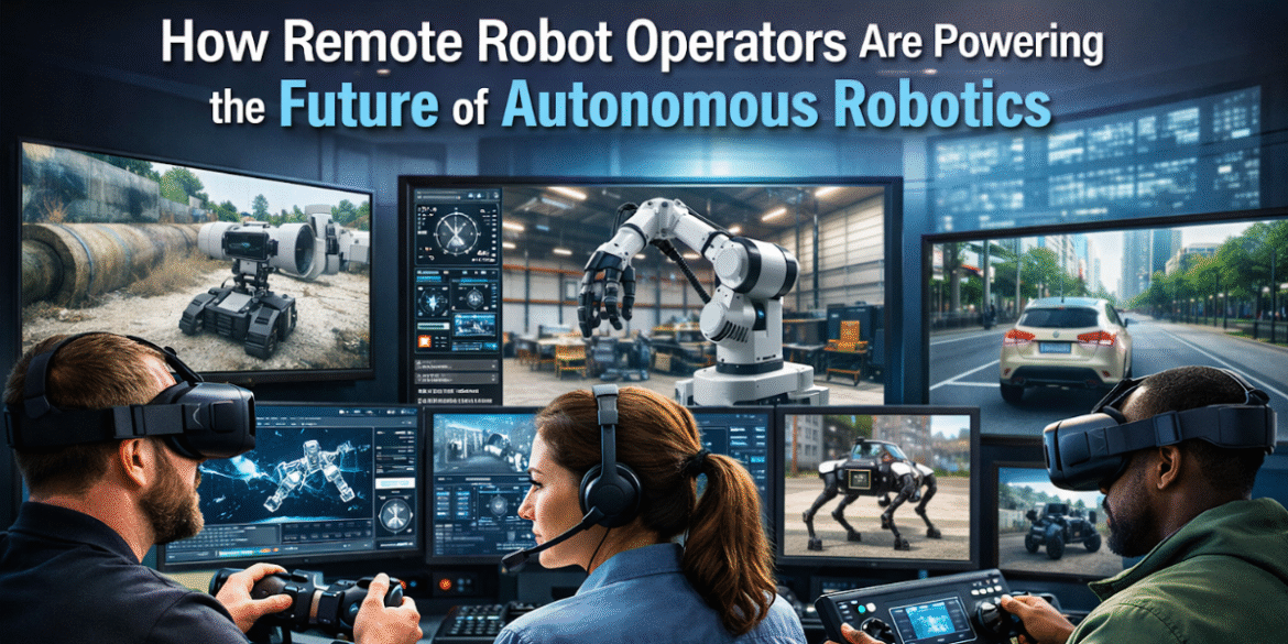 Remote operators using VR headsets control industrial, exploration, and autonomous robots through multiple monitoring screens and teleoperation systems.
