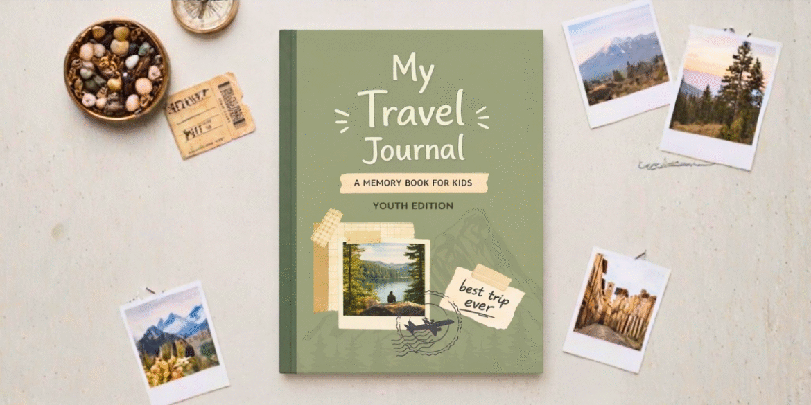 Green “My Travel Journal” kids memory book surrounded by travel photos and keepsakes on a neutral background.