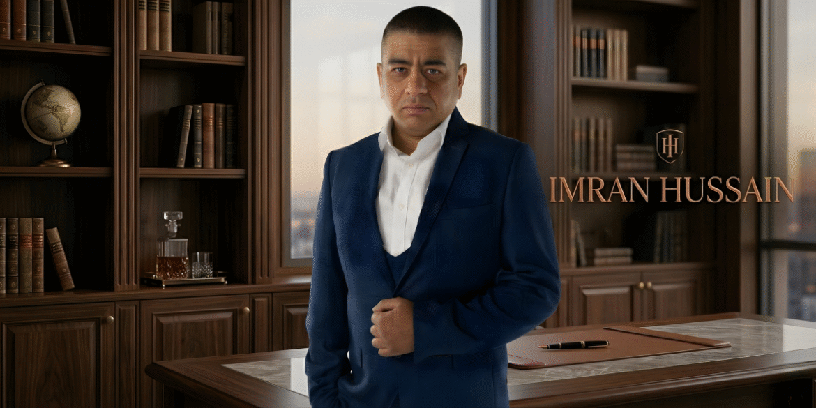 Man in navy suit standing in office with bookshelves, labeled Imran Hussain.