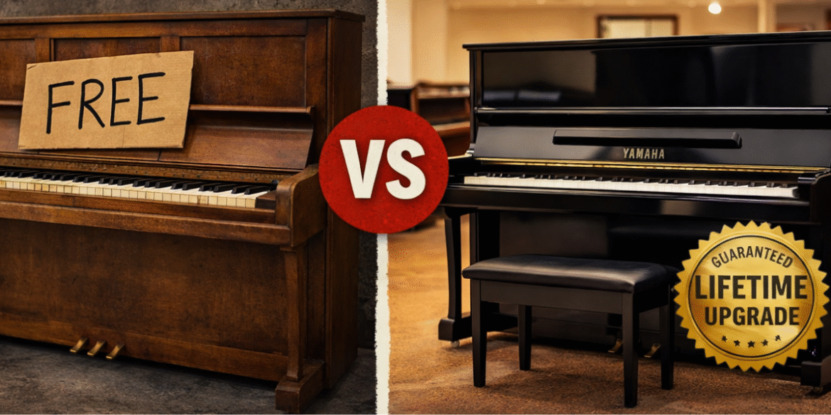 Used piano in showroom, highlighting professional inspection, repair, and moving services, emphasizing quality, reliability, and music community support