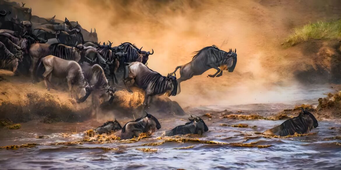 A herd of wildebeest race through a dusty landscape, leaping into a muddy river. The scene is dynamic, conveying urgency and the wildness of nature.