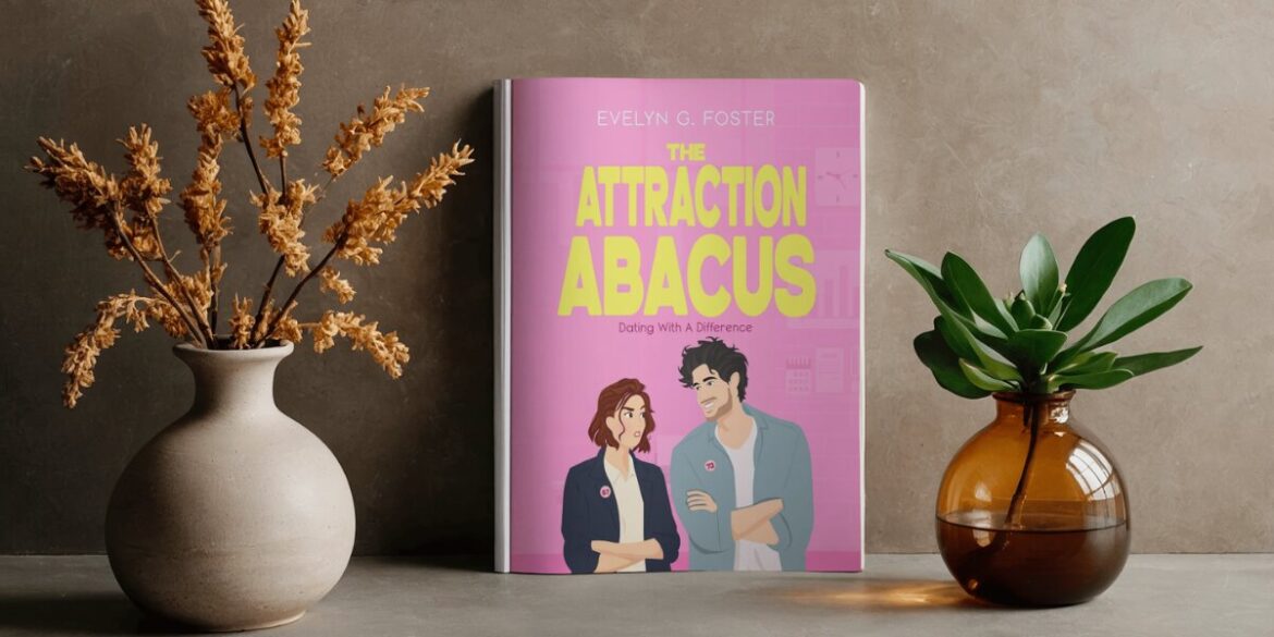 A romance book titled "The Attraction Abacus" by Evelyn G. Foster is centered between two vases, one with dried flowers and the other with a green plant.