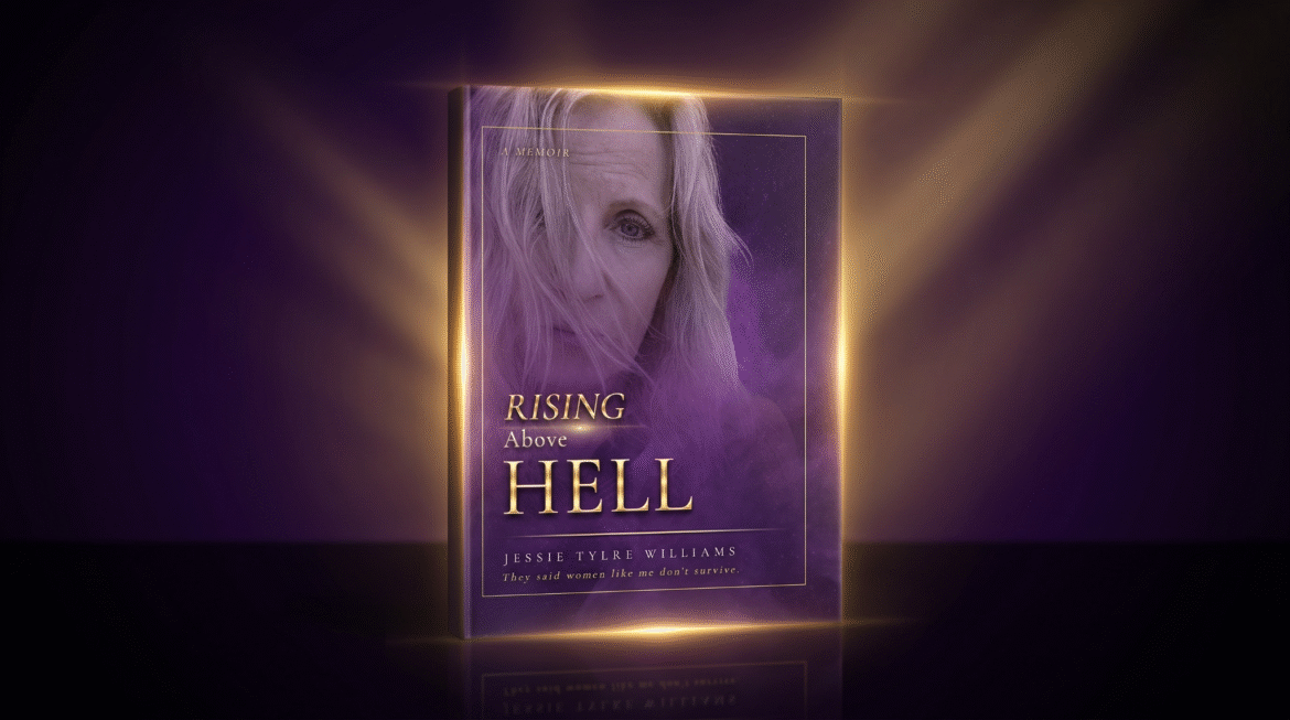 Glowing book cover of Rising Above Hell surrounded by radiant golden light.