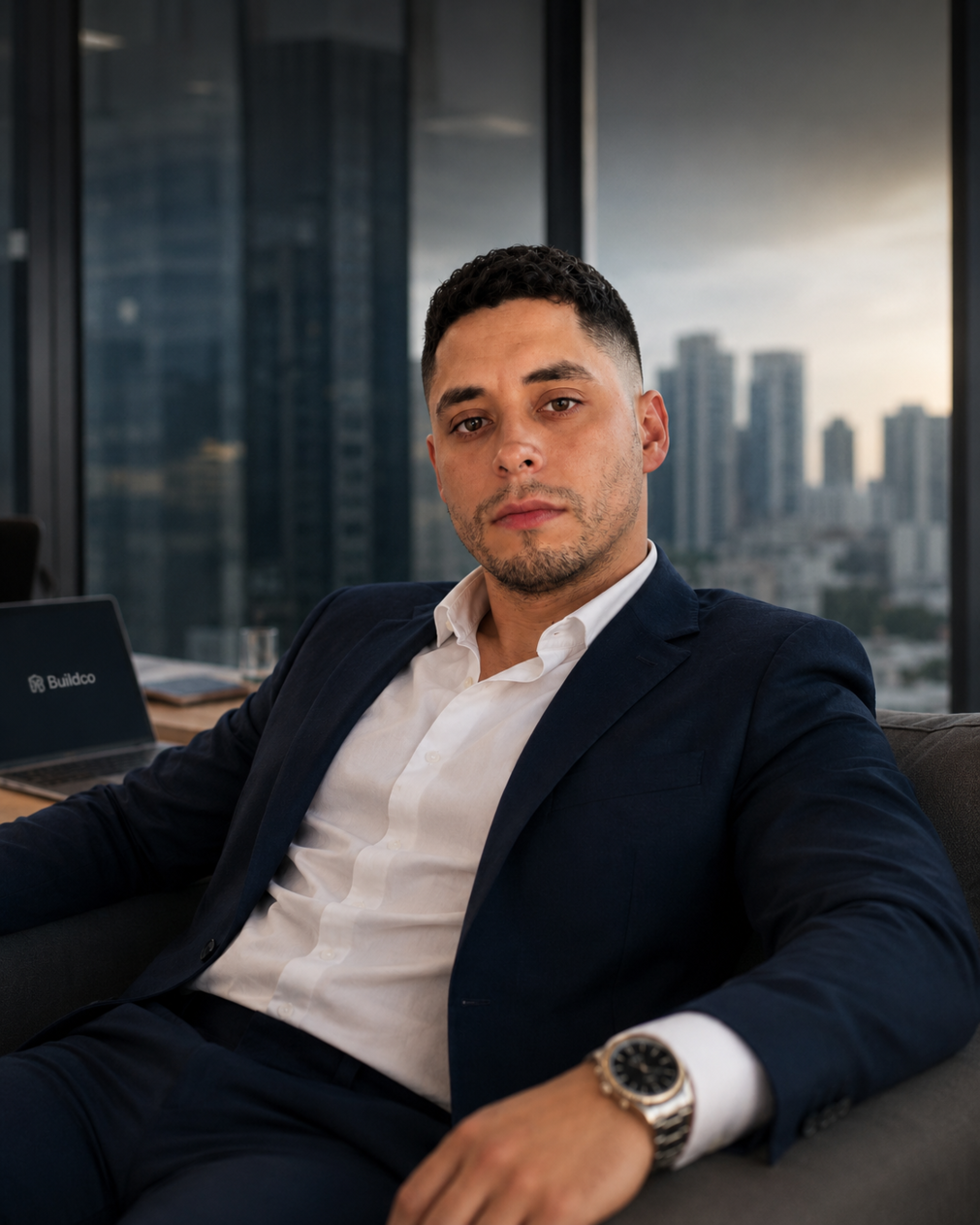 Mariano Suquilanda Gallo seated in a modern office with a city skyline in the background.