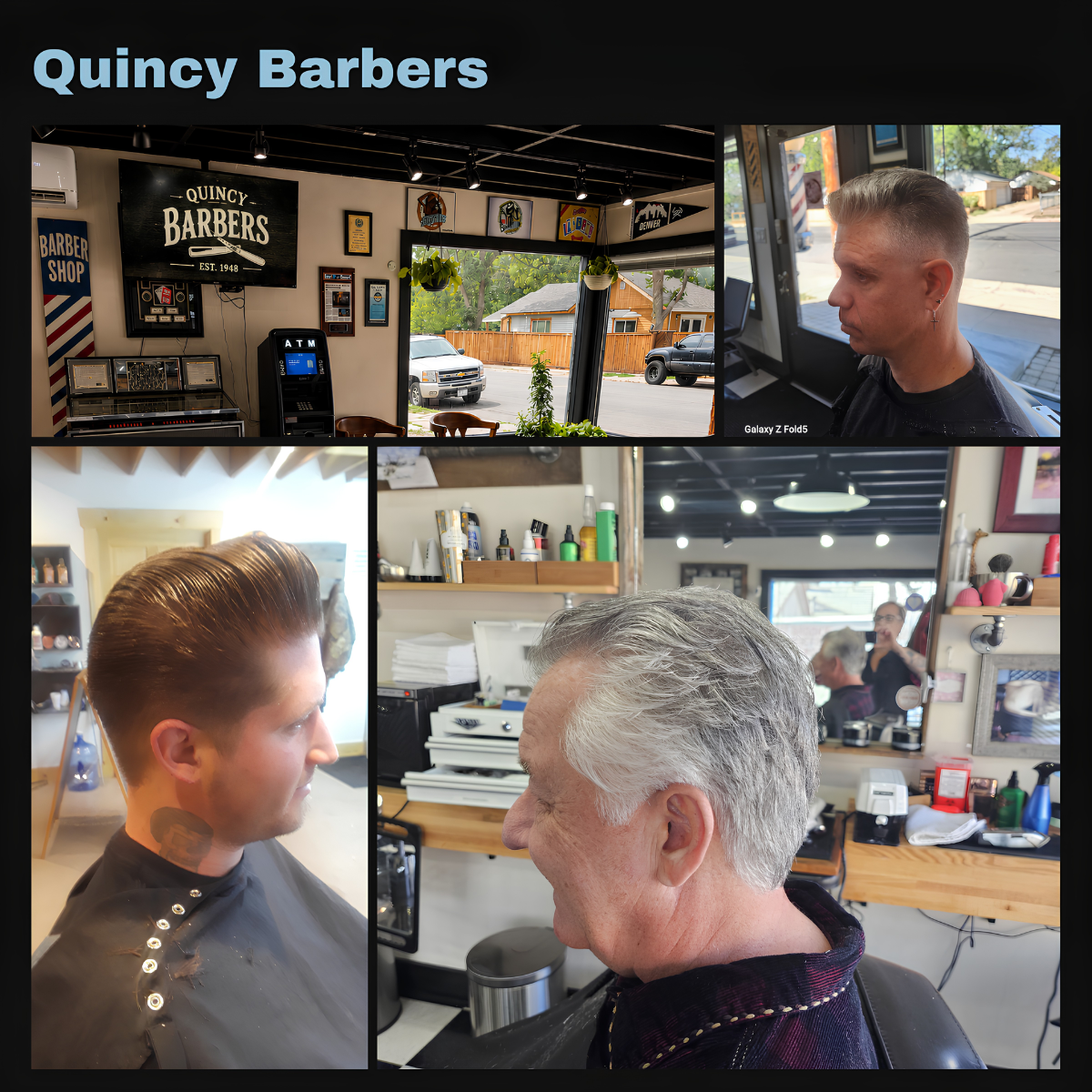 Collage showing Quincy Barbers interior and customers receiving classic barber haircuts.