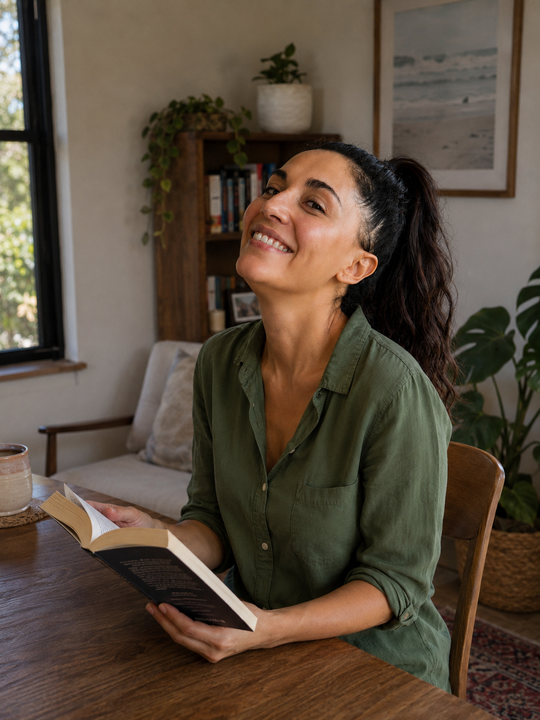Daniela Jines smiling while reading her book at home.