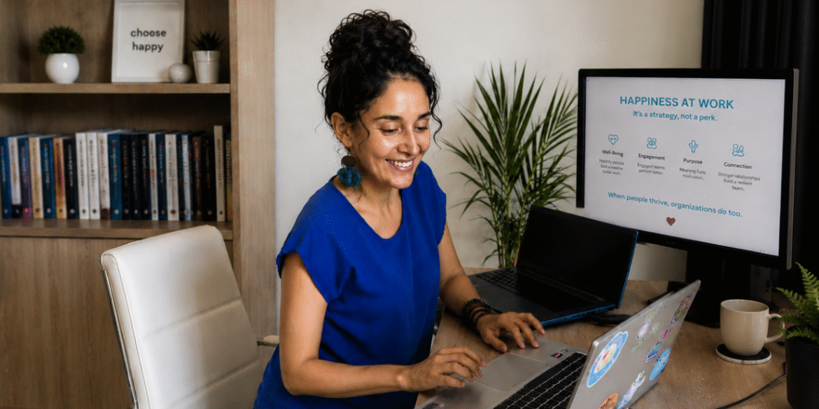 Daniela Jines working at her desk with workplace happiness presentation on screen.