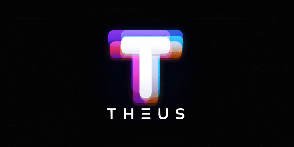 Theus logo on a black background with a multicolored stylized letter T.
