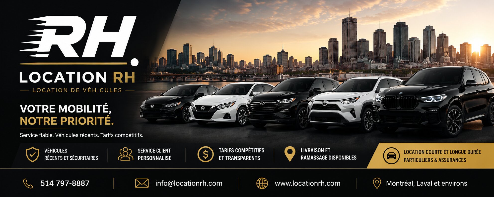 Location RH banner promoting insurance replacement vehicle rentals with a fleet of cars and Montreal skyline.