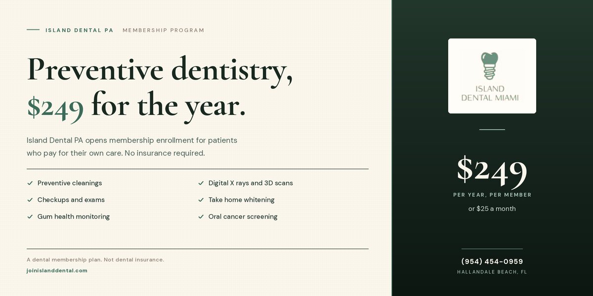 Island Dental membership graphic promoting preventive dentistry for $249 per year with included dental services.