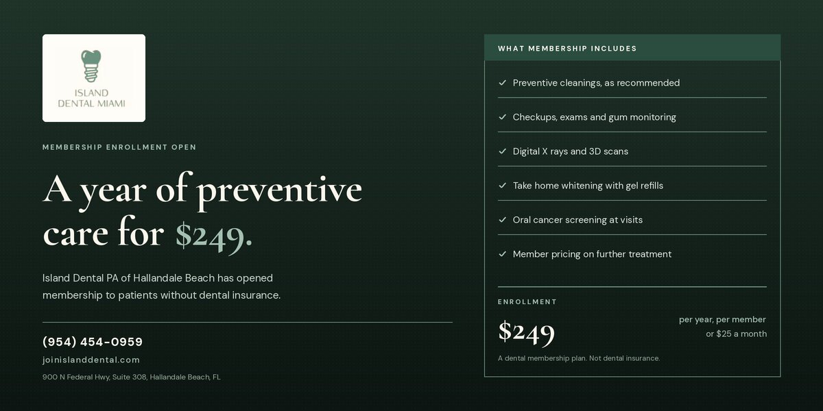 Island Dental membership enrollment graphic listing preventive dental services and $249 annual pricing in Hallandale Beach.