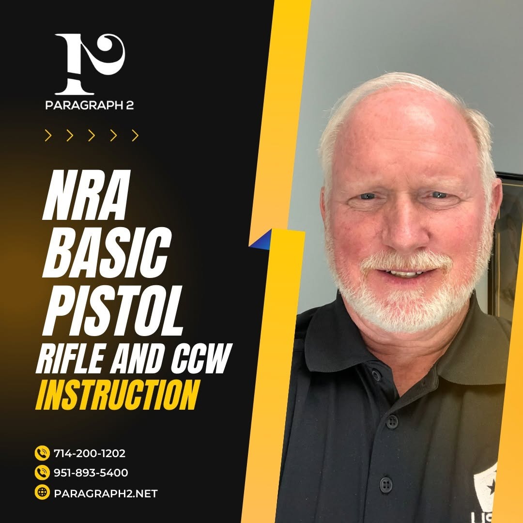 Paragraph 2 promotional graphic featuring Jim Belanger and NRA pistol, rifle, and CCW instruction text.