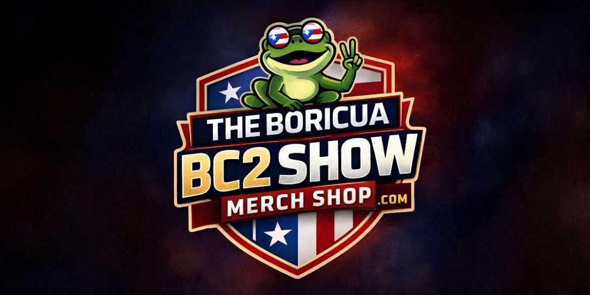 The Boricuabc2 Show logo with a cartoon frog over a Puerto Rican flag shield and merch shop branding.